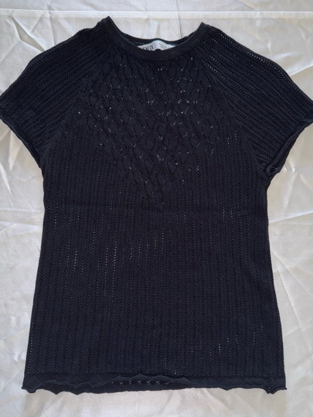 Zara Black Geometric Pointelle Open-Knit Top